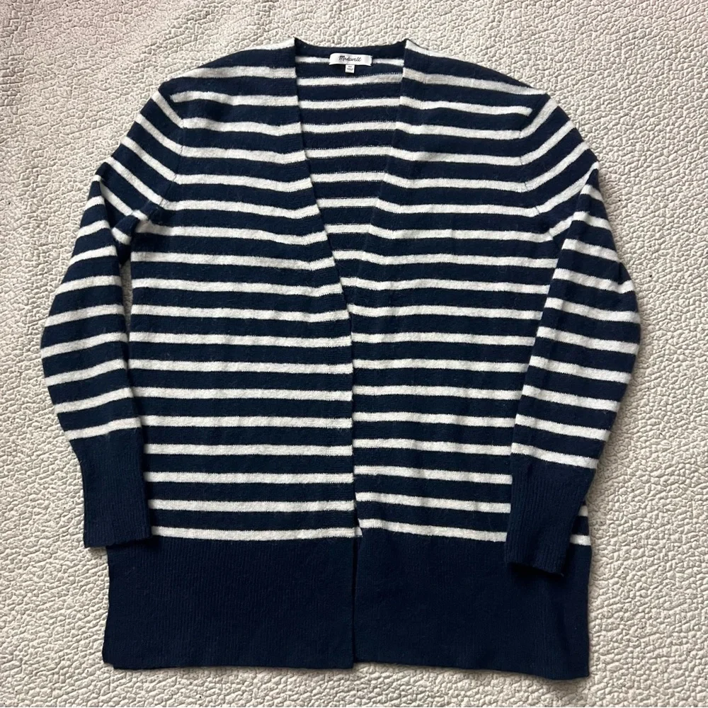 Madewell Wool Blend Dark Nightfall Striped Cardigan Sweater Navy Blue White XS